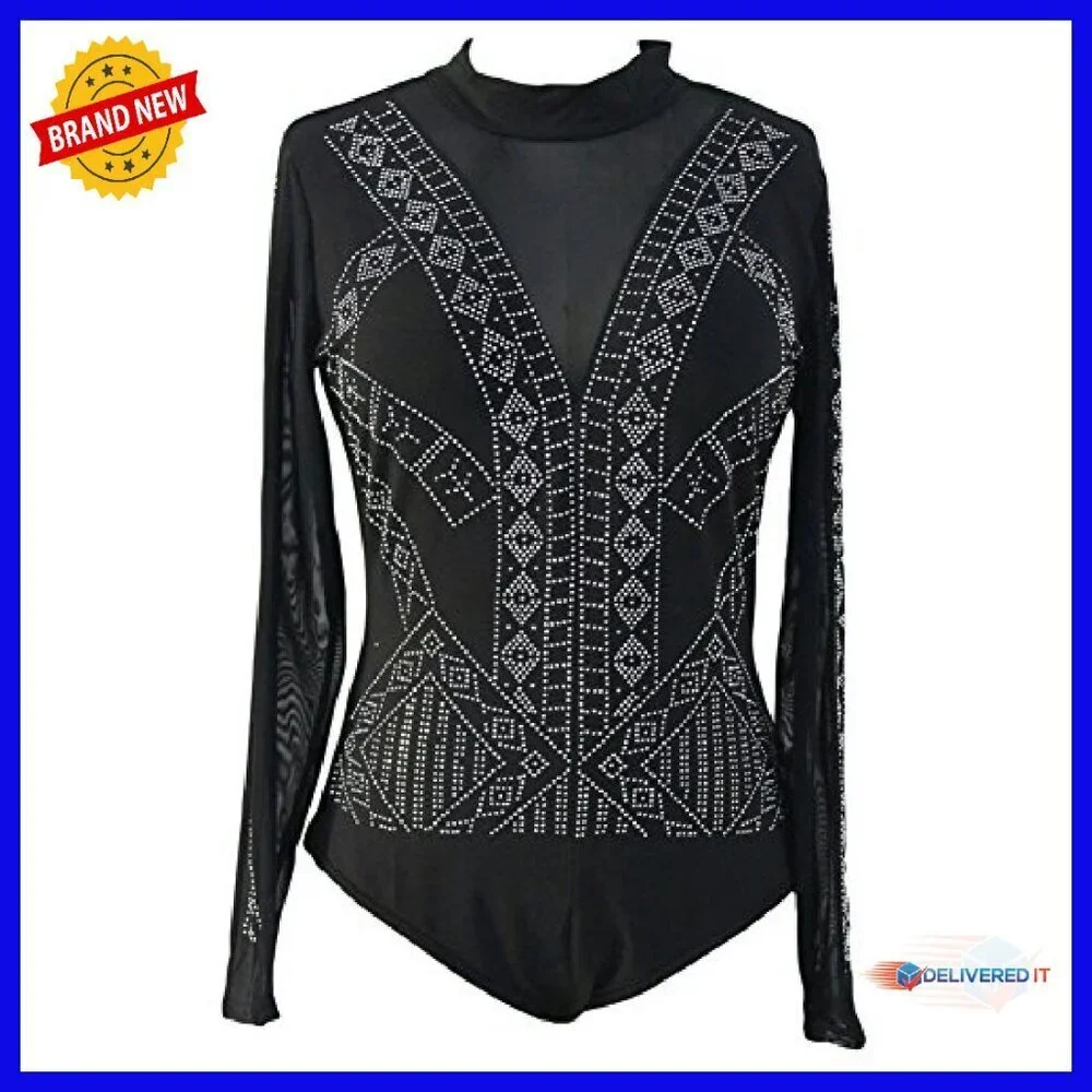 Sheer Mesh Turtleneck Bodysuit with Rhinestones, Snap Closure
